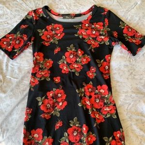Black and red floral body con dress
